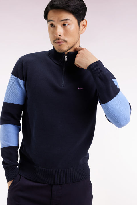 Pull col camionneur en coton marine et ciel broderie dos - Image 1