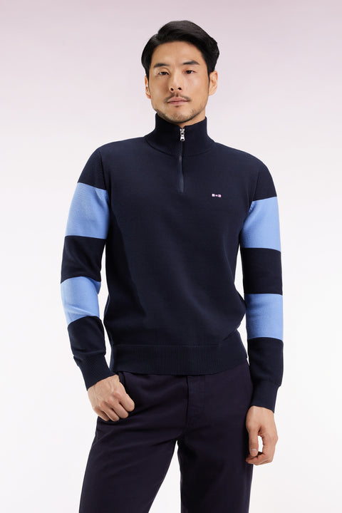 Pull col camionneur en coton marine et ciel broderie dos - Image 3