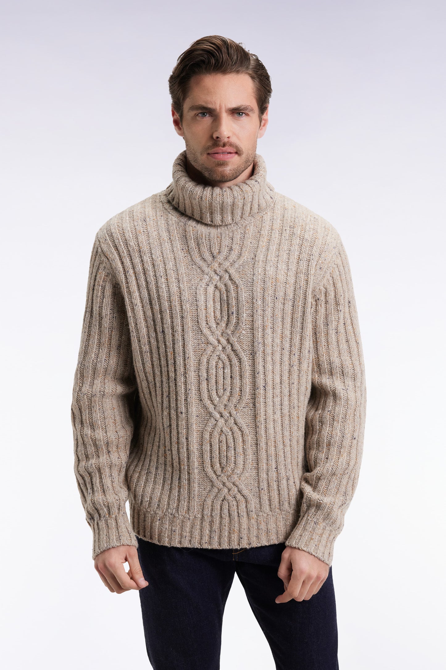Beige virgin wool blend turtleneck sweater