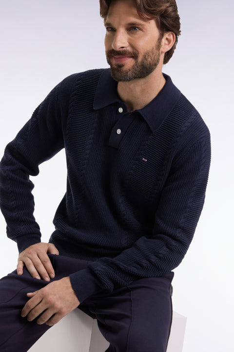 Pull à col polo bleu en coton marine - Image 1