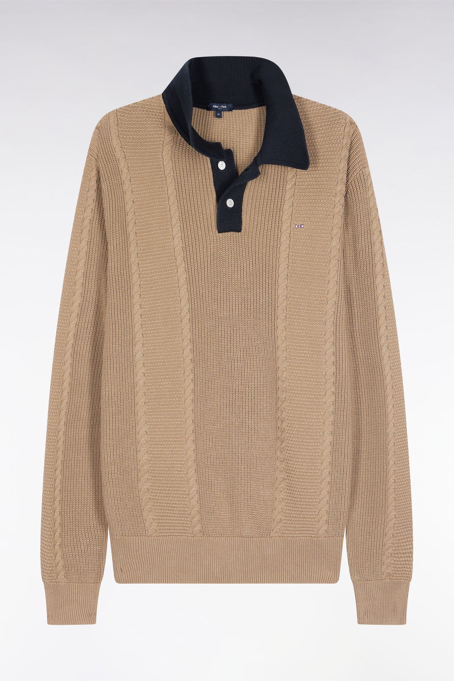 Blue polo-neck sweater in beige cotton