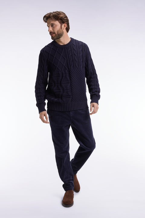 Pull col rond en laine et coton torsadé marine - Image 1