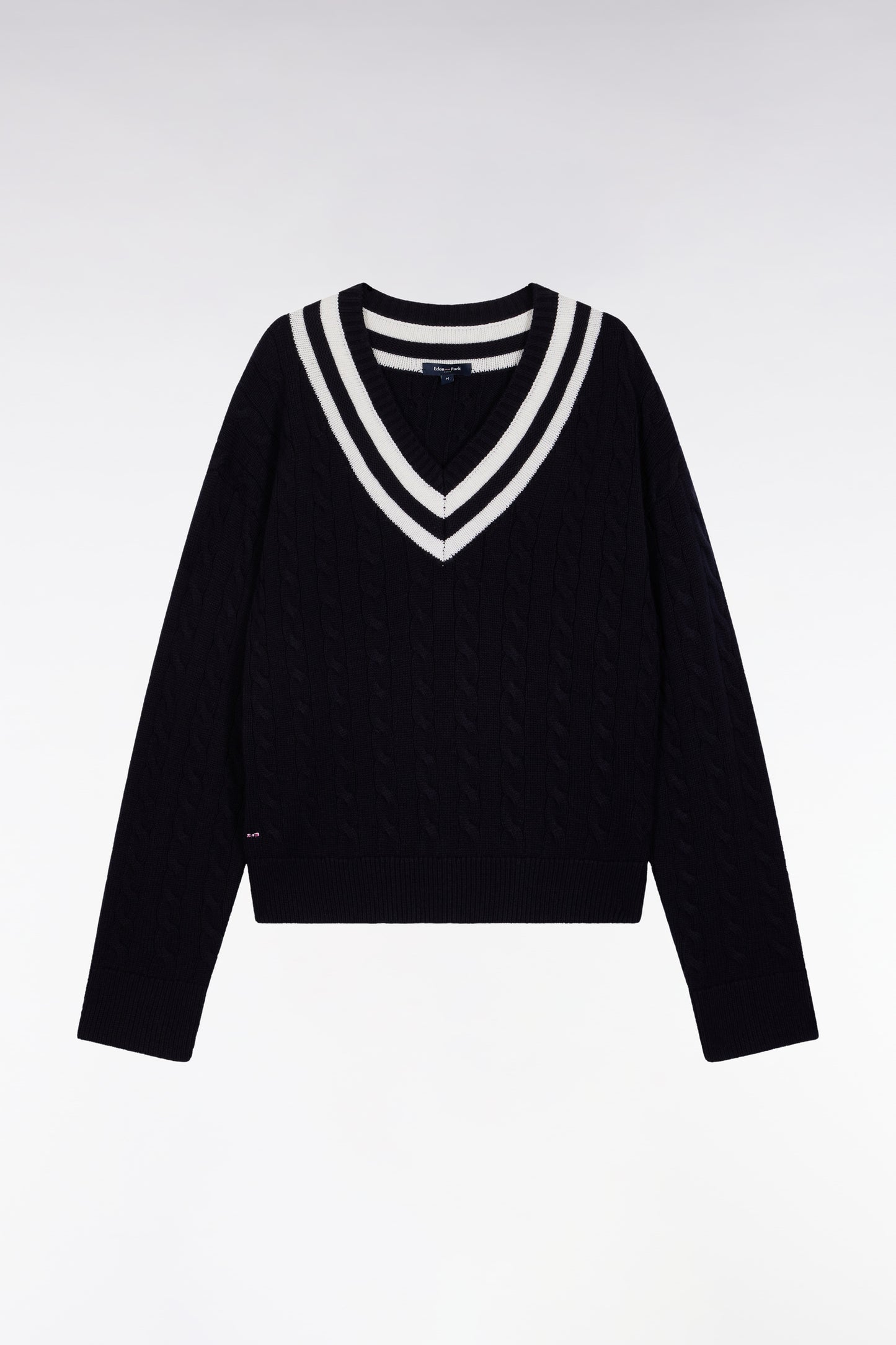Pull cricket col V en laine et coton marine coupe Oversized