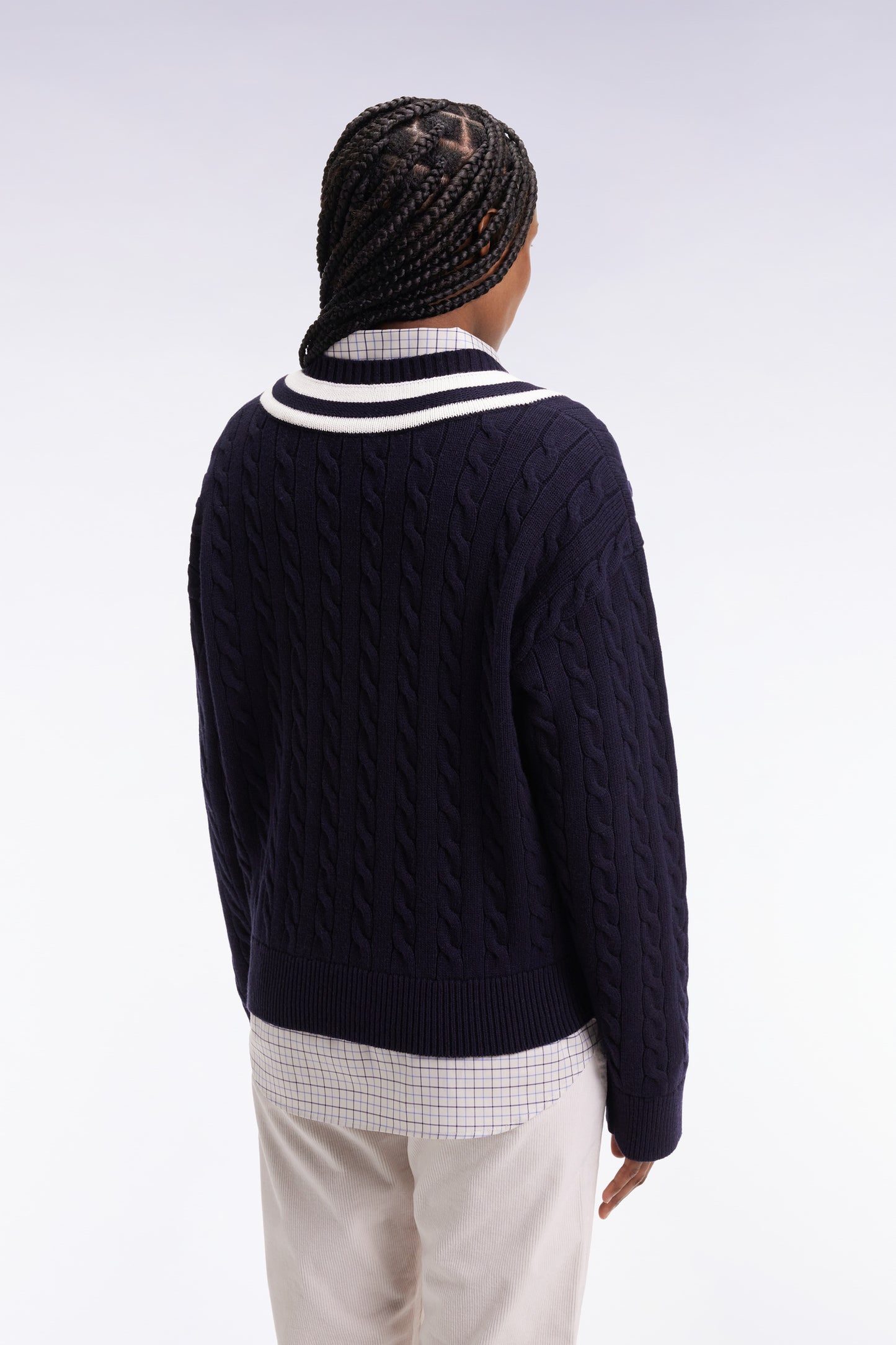 Pull cricket col V en laine et coton marine coupe Oversized