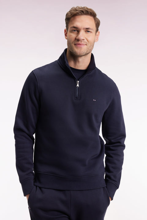 High-neck zip-up sweatshirt in navy cotton fleece - Image 1
