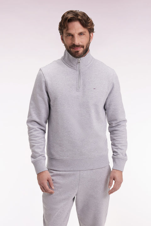 Grey cotton fleece stand-up collar zip sweatshirt - Image 1