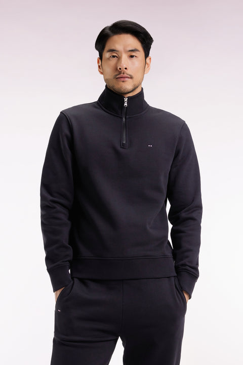 High-neck zip-up sweatshirt in black cotton fleece - Image 1