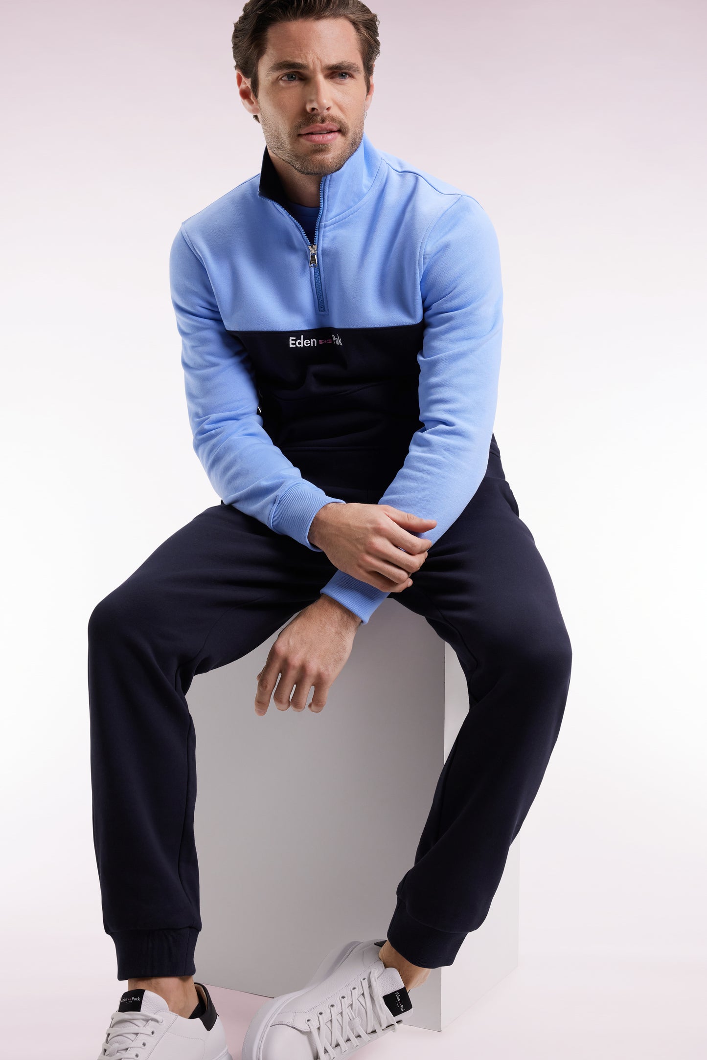 Sweatshirt col camionneur en molleton bicolore ciel