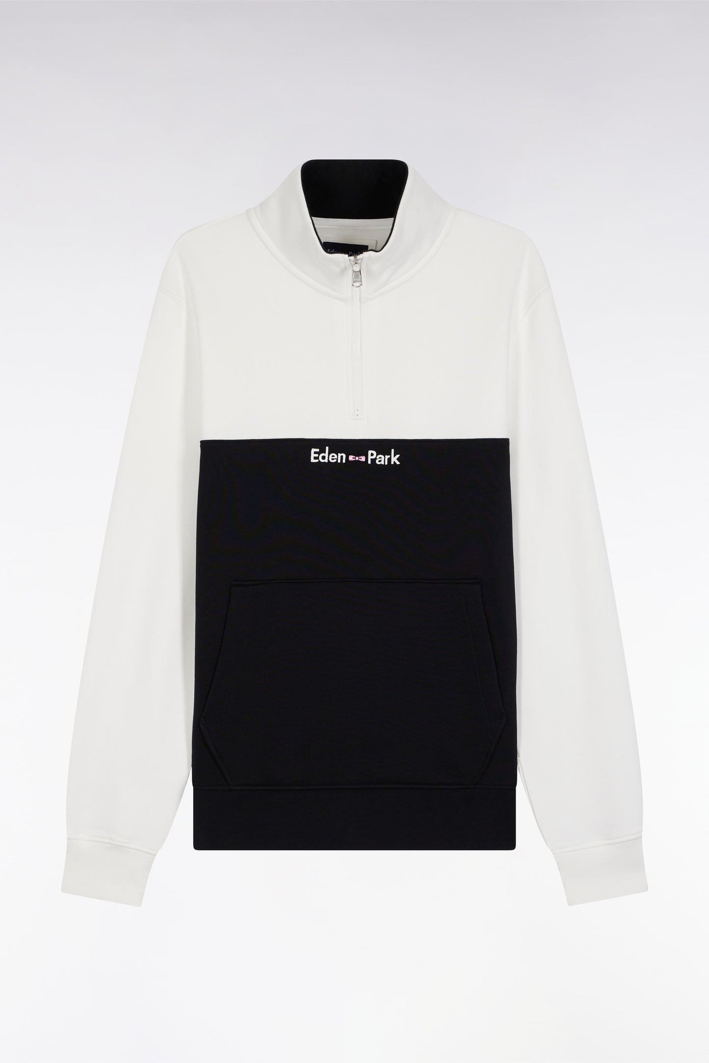 Two-tone white fleece trucker-neck sweatshirt