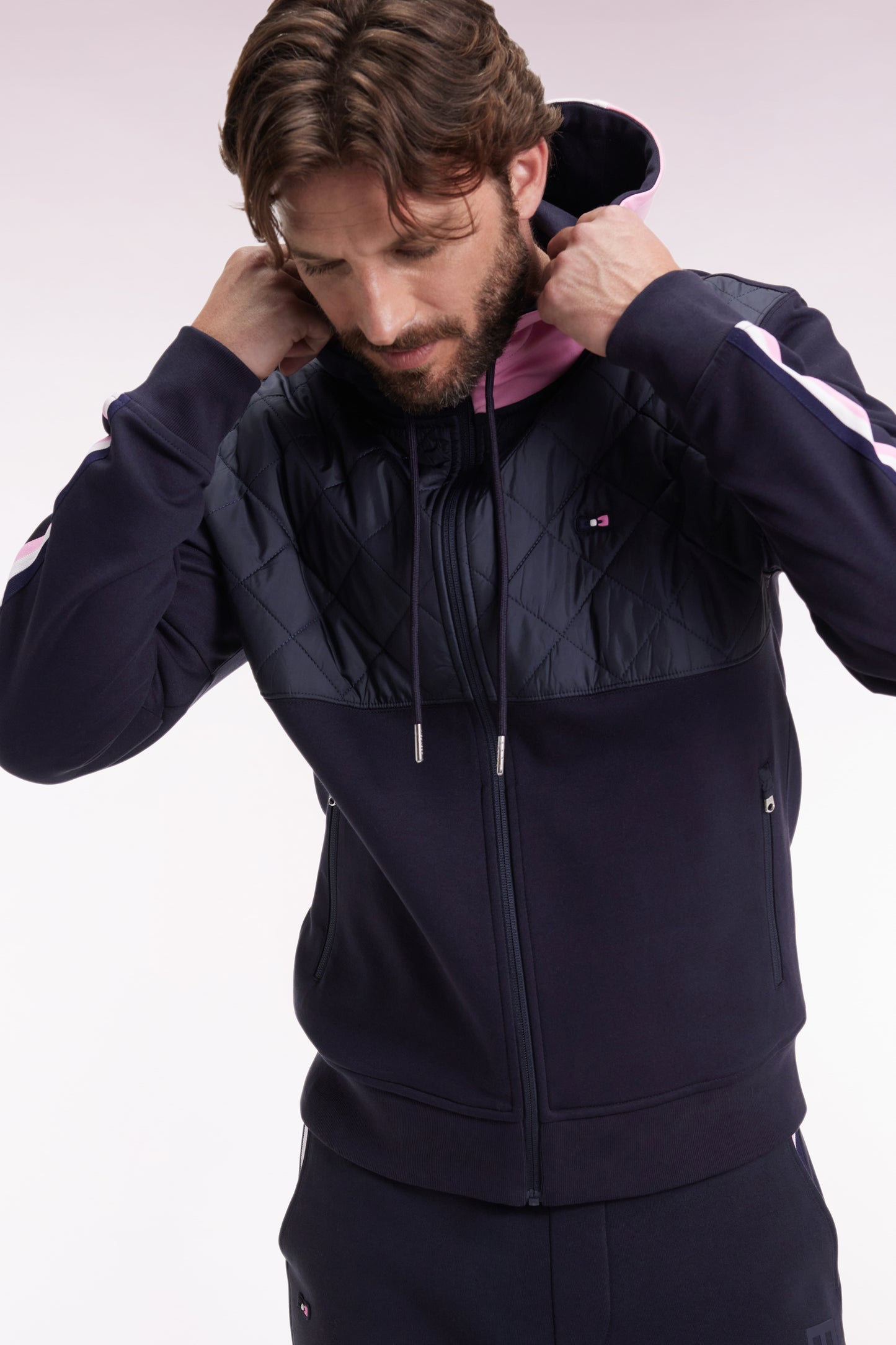 Sweatshirt zippé en interlock bimatière matelassé marine et rose