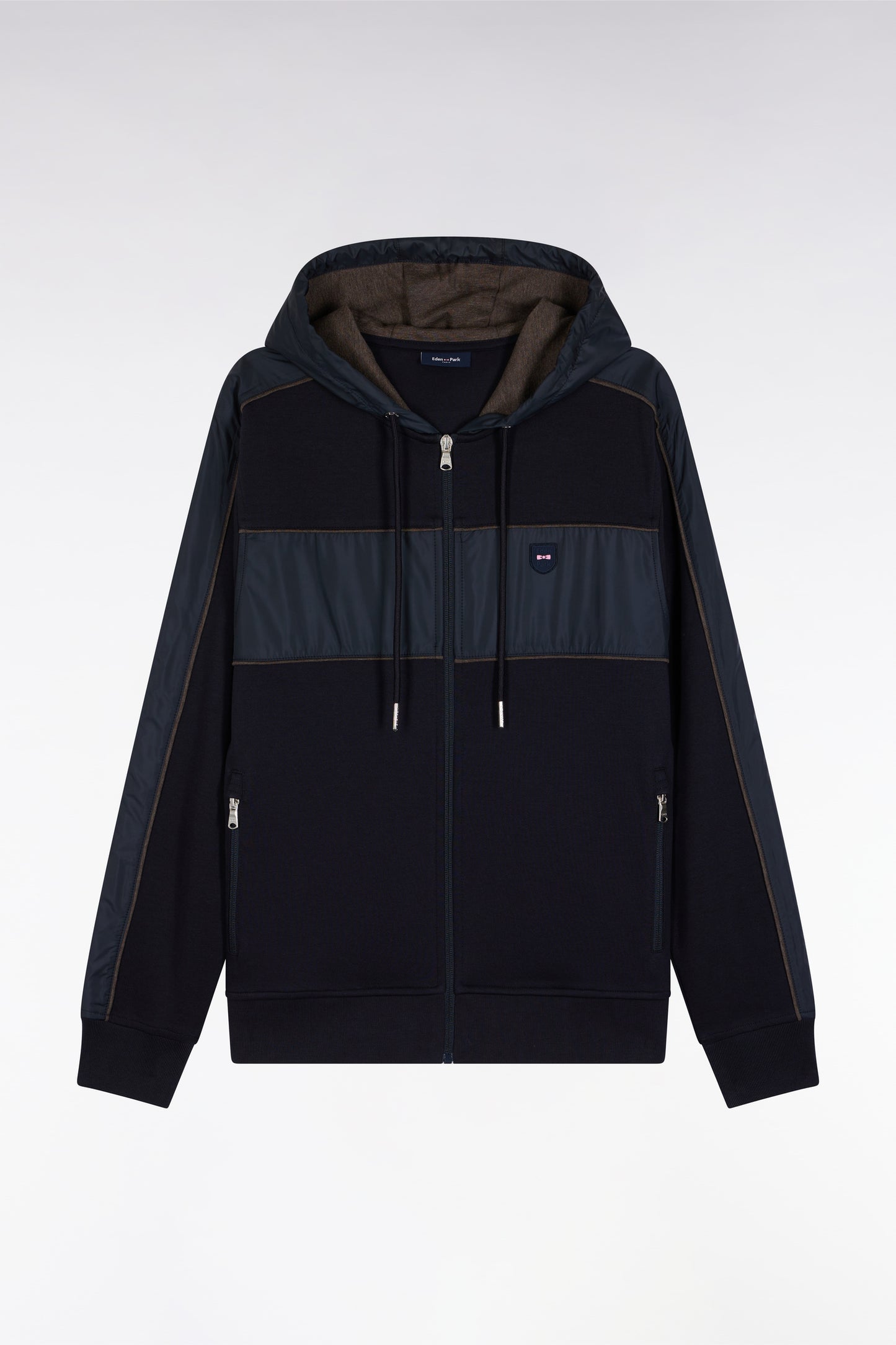 Sweatshirt zippé à capuche en molleton et nylon marine et beige