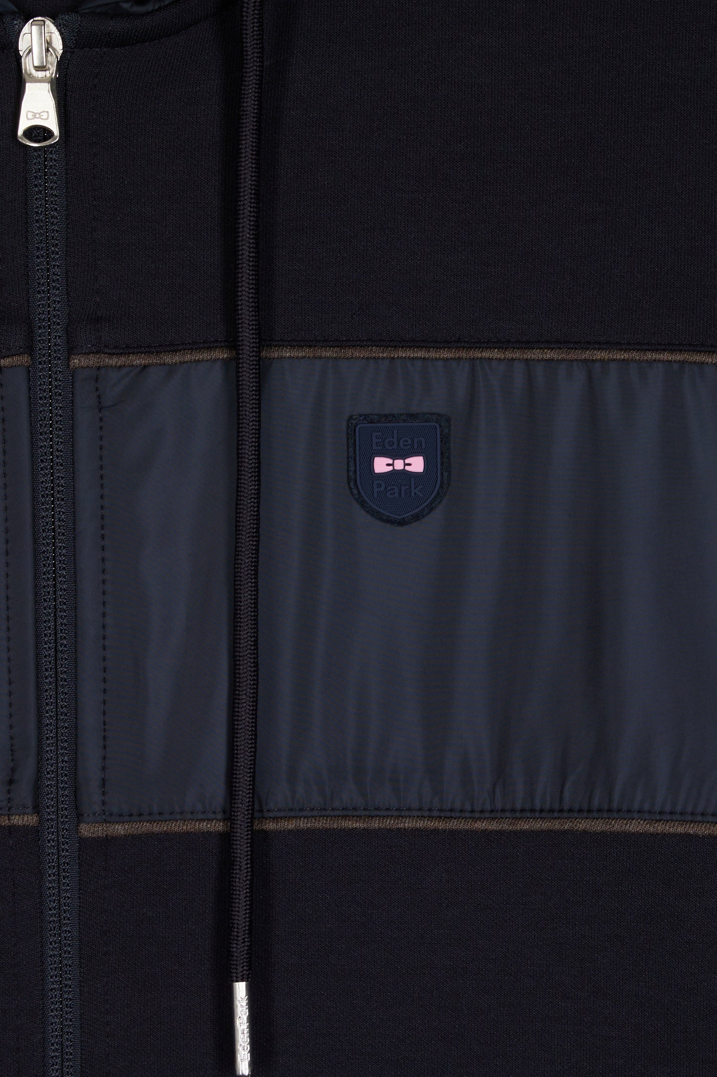 Zip-up hooded sweatshirt in navy and beige fleece and nylon