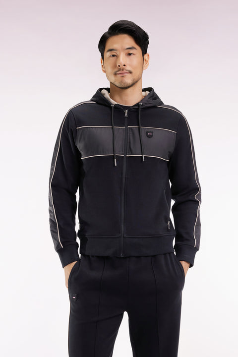 Zip-up hooded sweatshirt in black and beige fleece and nylon - Image 1