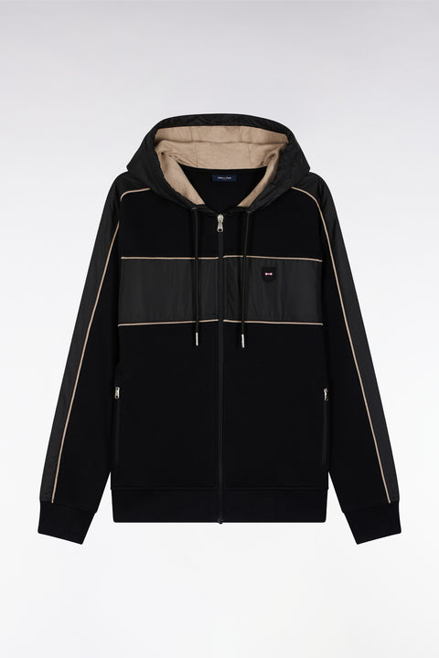 Zip-up hooded sweatshirt in black and beige fleece and nylon - Image 2