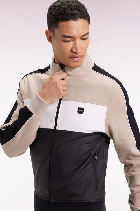 Sweatshirt zippé bimatière en nylon matelassé beige - Image 1