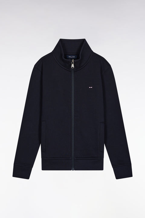 Sweatshirt zippé col montant en molleton coton marine - Image 1