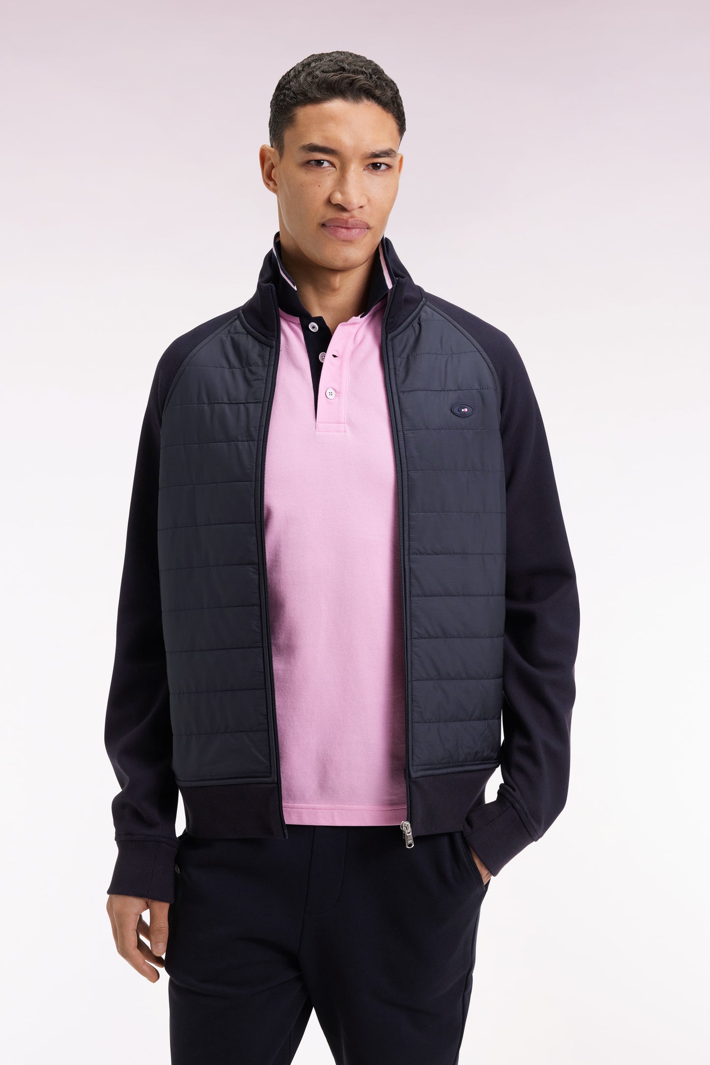 Sweatshirt zippé bimatière marine coupe droite