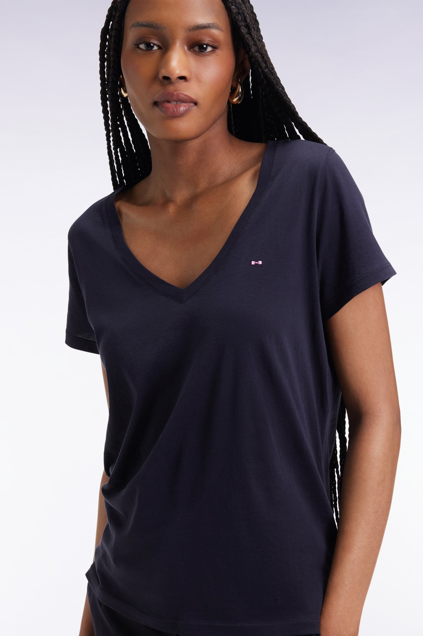 Short-sleeved V-neck T-shirt in navy Pima cotton
