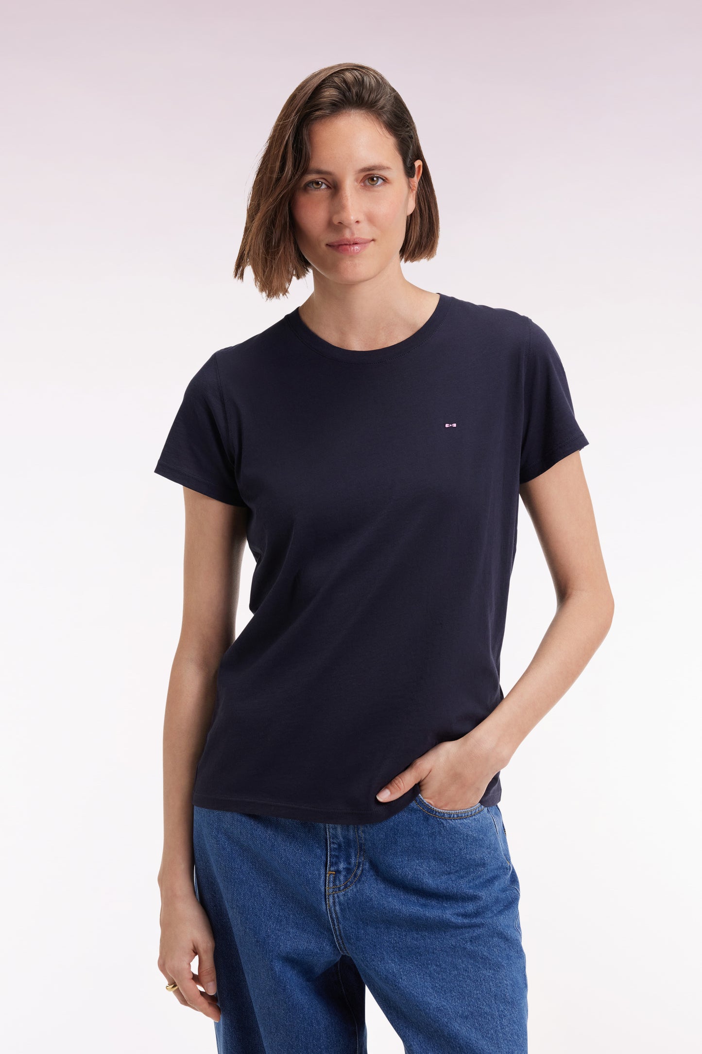 T-shirt à manches courtes en coton Pima marine col rond