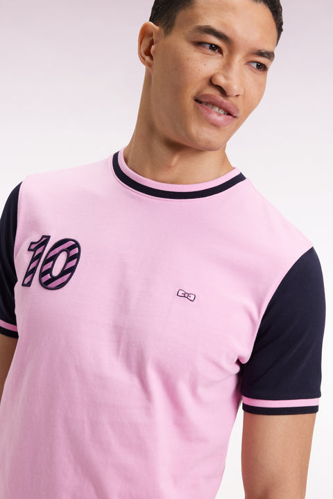 T-shirt bicolore à manches courtes en coton marine broderie 10 - Image 1