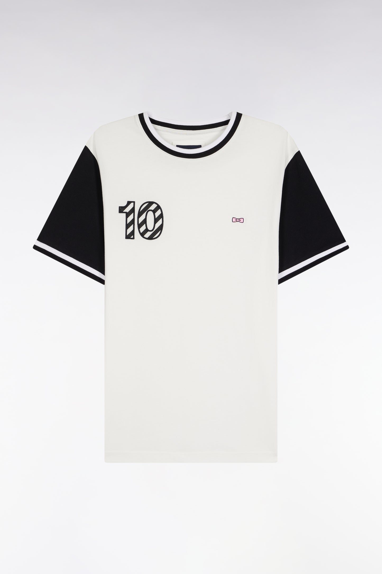 T-shirt bicolore à manches courtes en coton blanc broderie 10