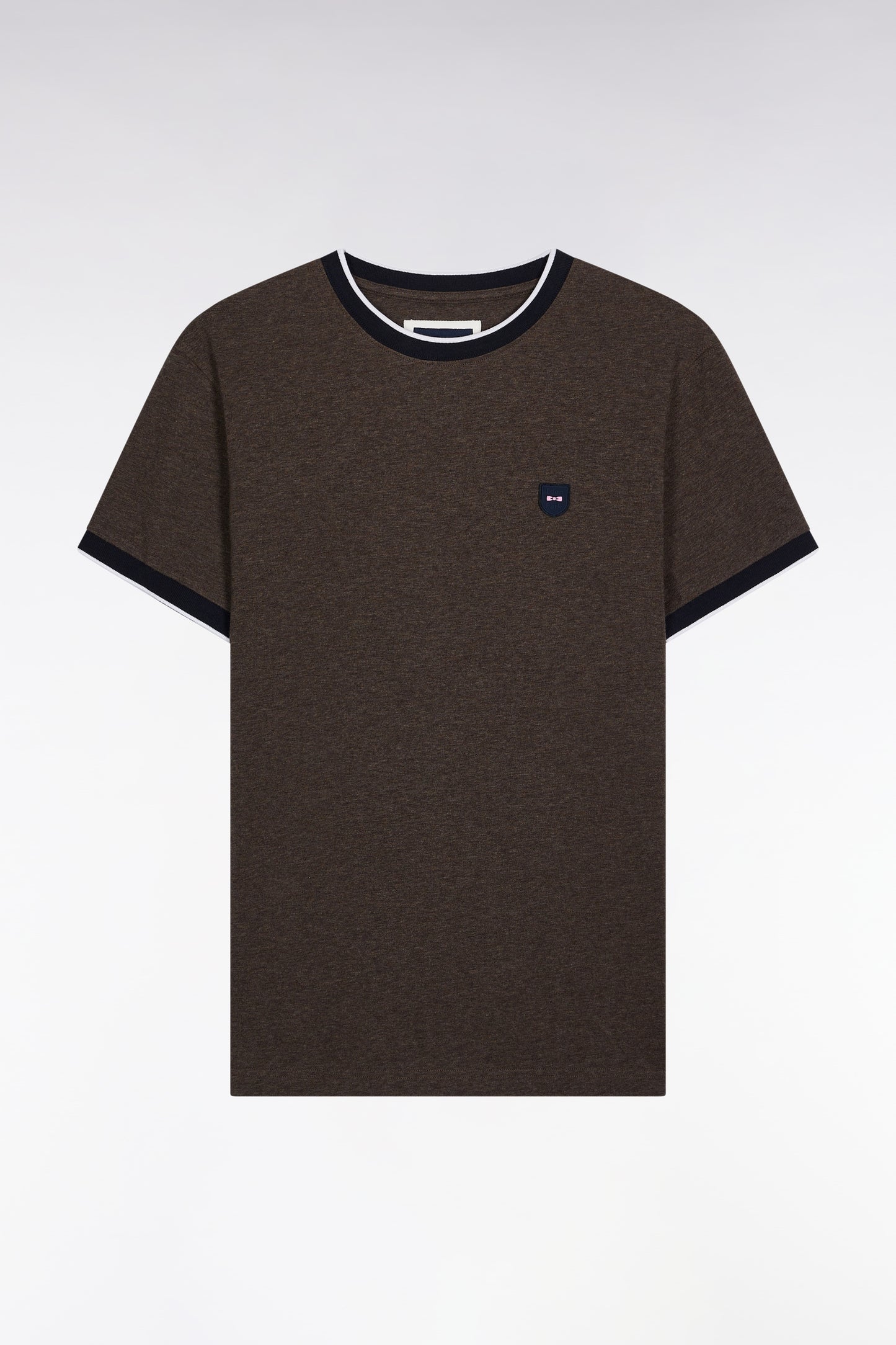 Short-sleeved T-shirt in brown stretch cotton, slim fit