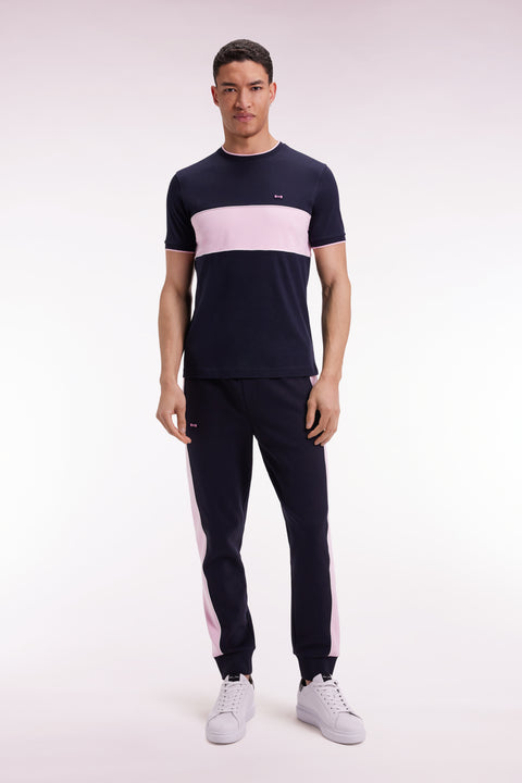 Two-tone short-sleeved T-shirt in navy and pink cotton - Image 3