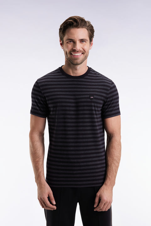 T-shirt à manches courtes en jersey de coton rayé noir et gris - Image 1