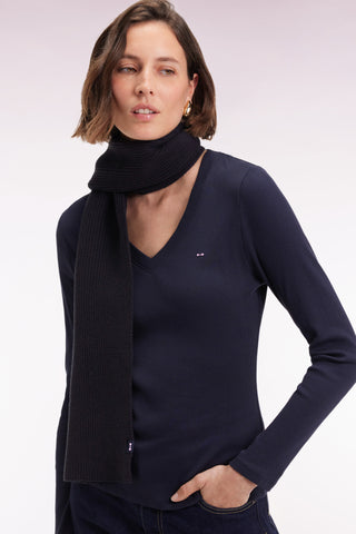 T-shirt à manches longues en coton Pima côtelé marine coupe slim