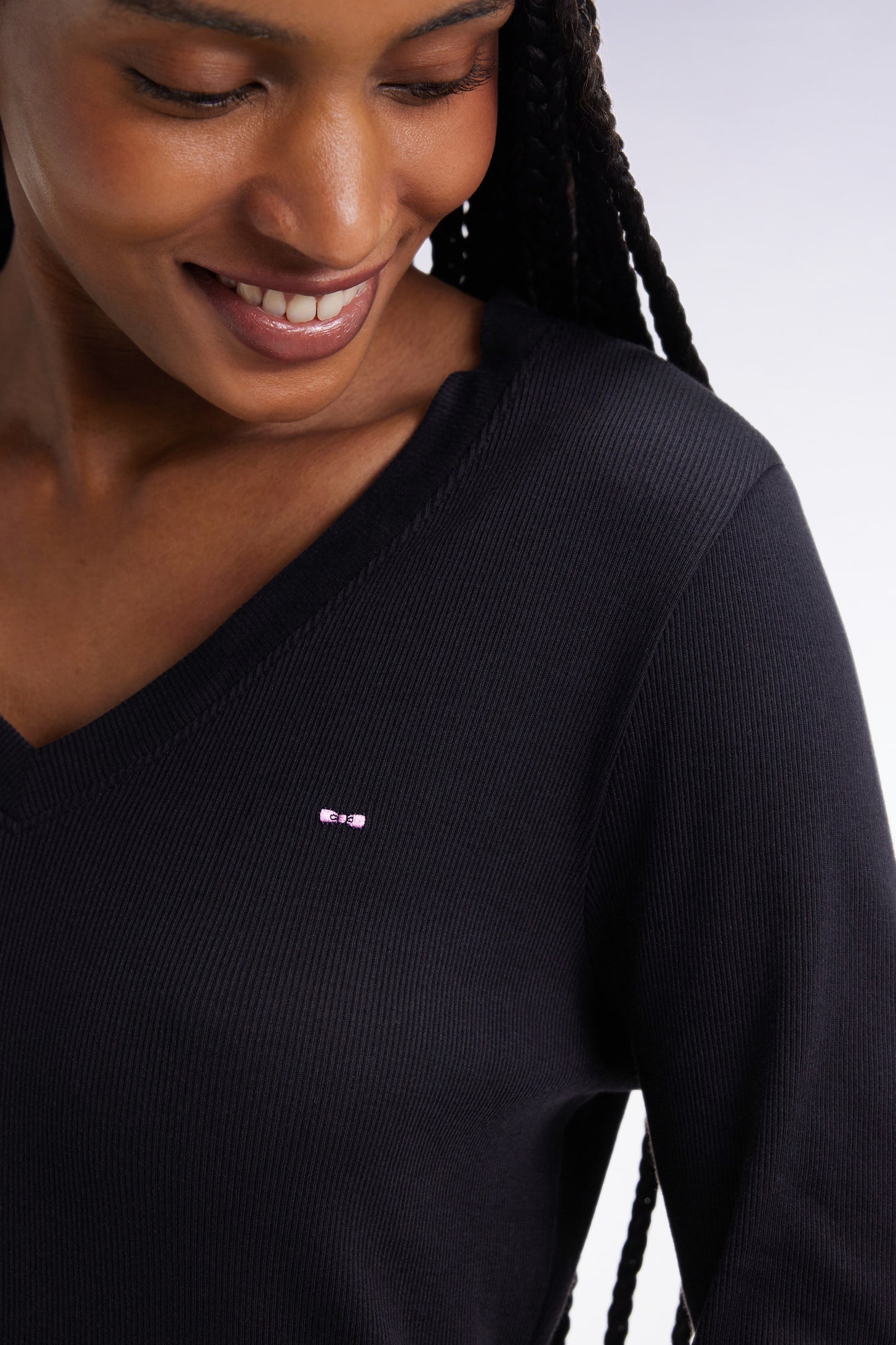 T-shirt à manches longues en coton Pima côtelé noir coupe slim