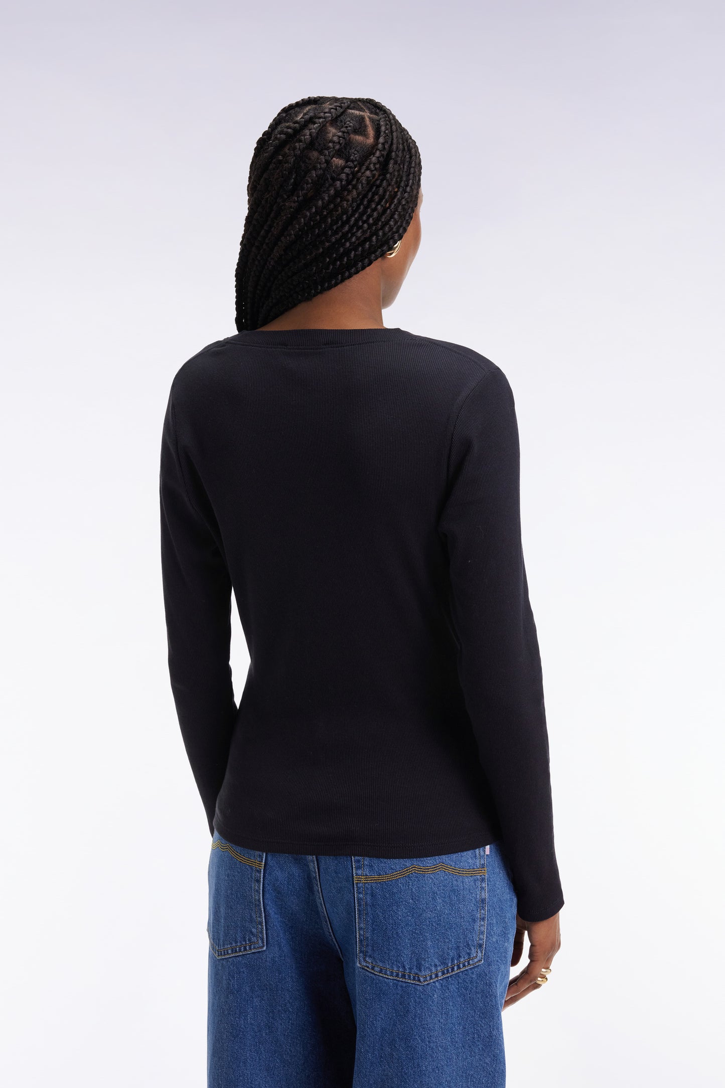 T-shirt à manches longues en coton Pima côtelé noir coupe slim