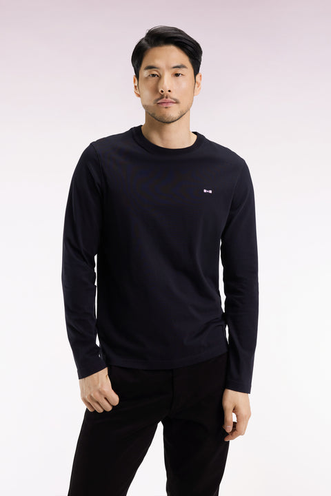 Long-sleeved round-neck T-shirt in black cotton - Image 3