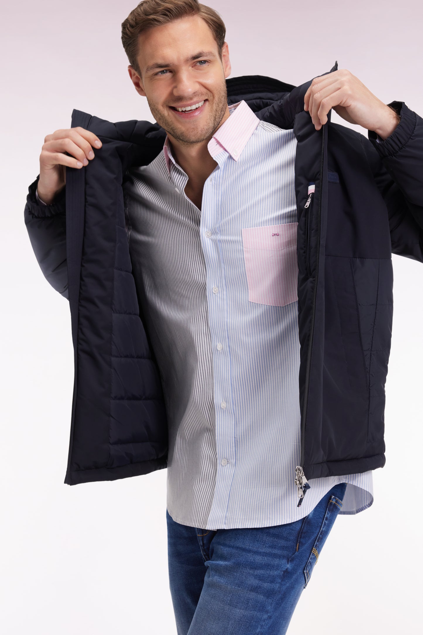 Mixed navy nylon windbreaker with integrated hood