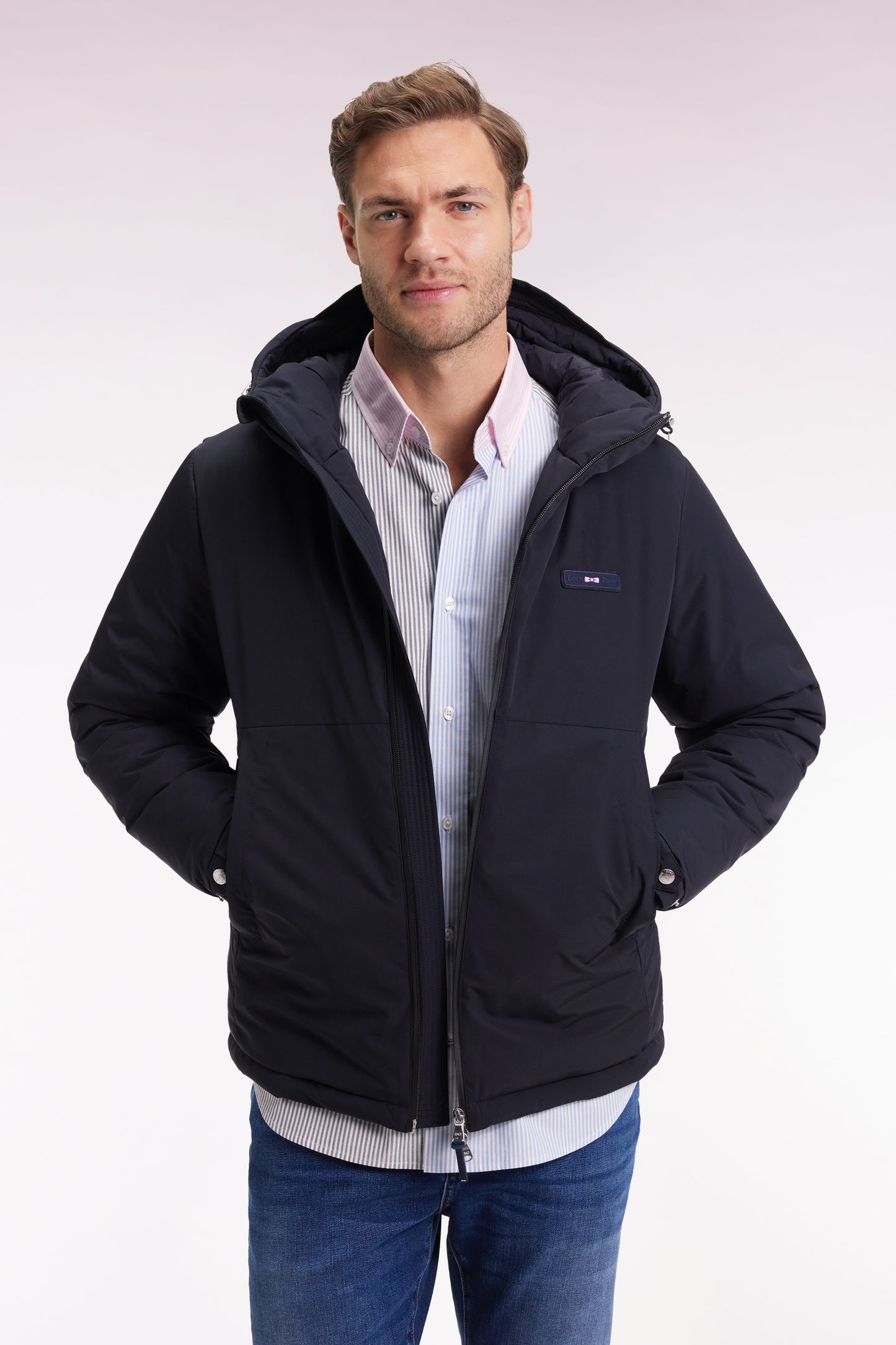 Mixed navy nylon windbreaker with integrated hood