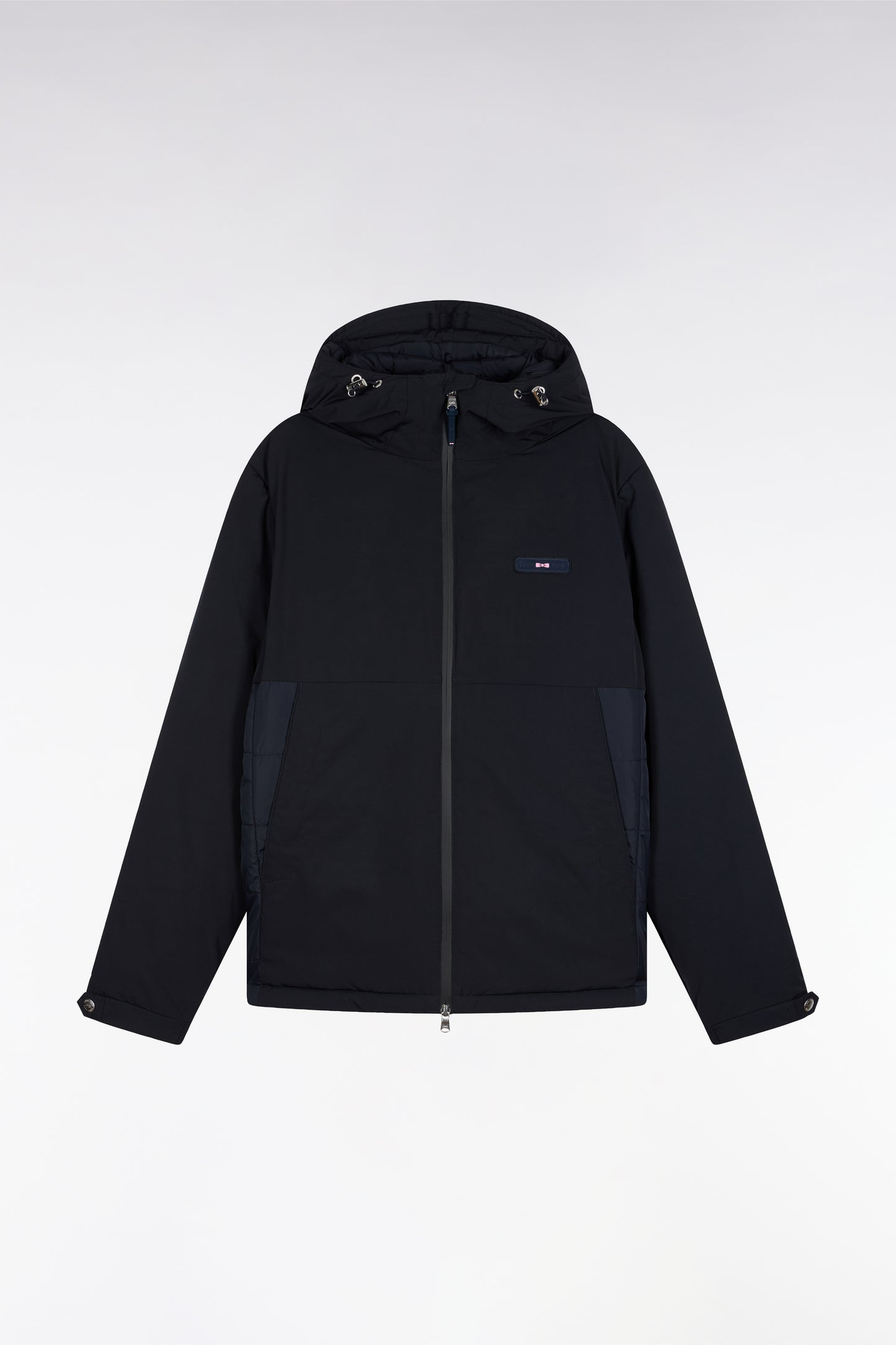 Mixed navy nylon windbreaker with integrated hood