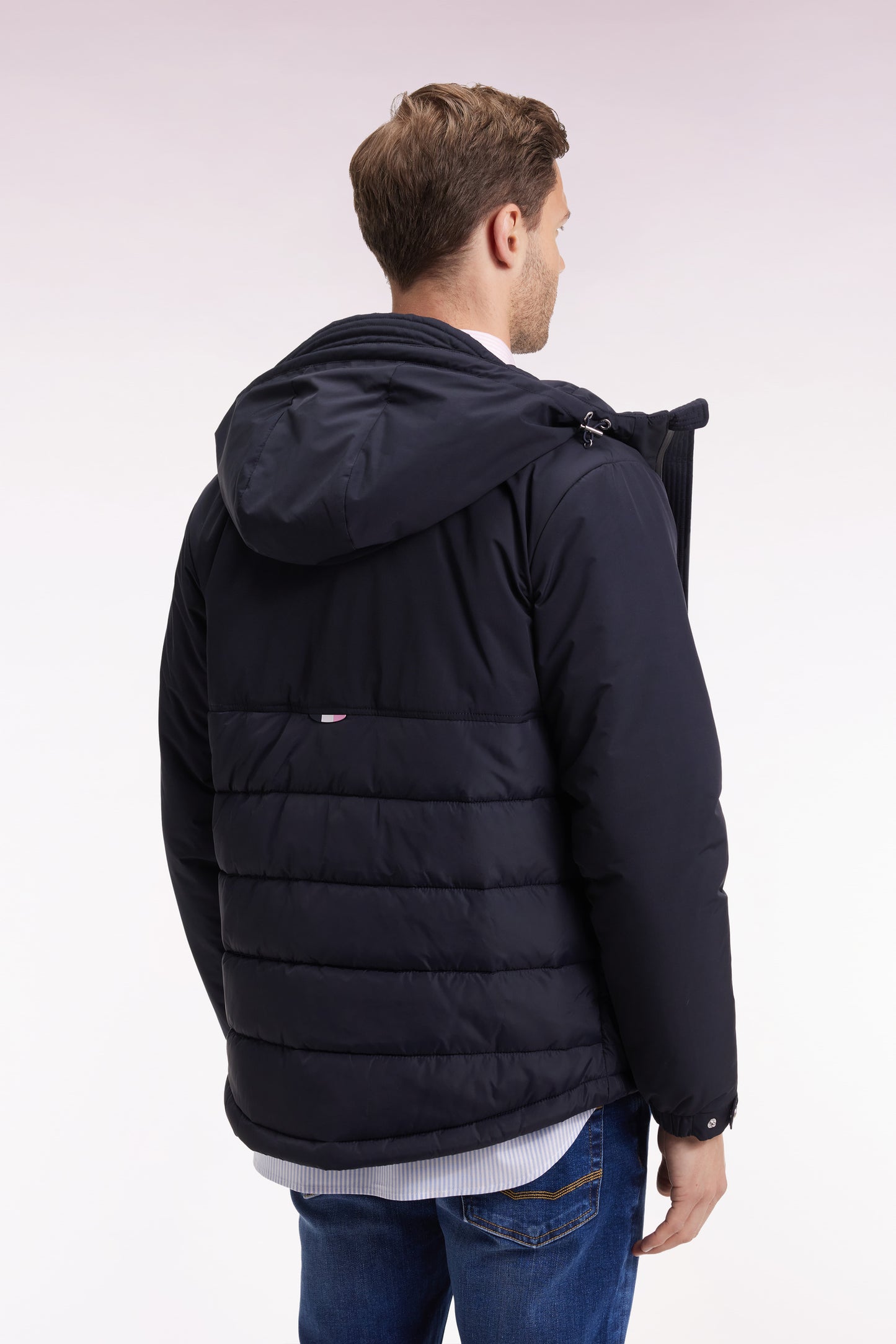 Mixed navy nylon windbreaker with integrated hood