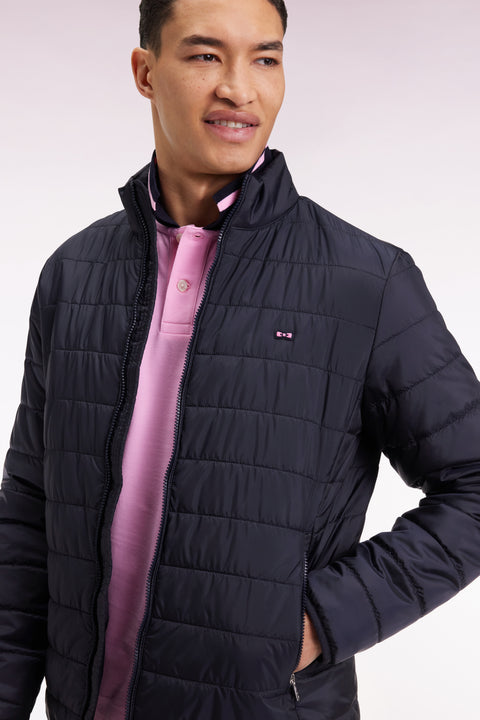 Navy quilted nylon down jacket with stand-up collar - Image 1