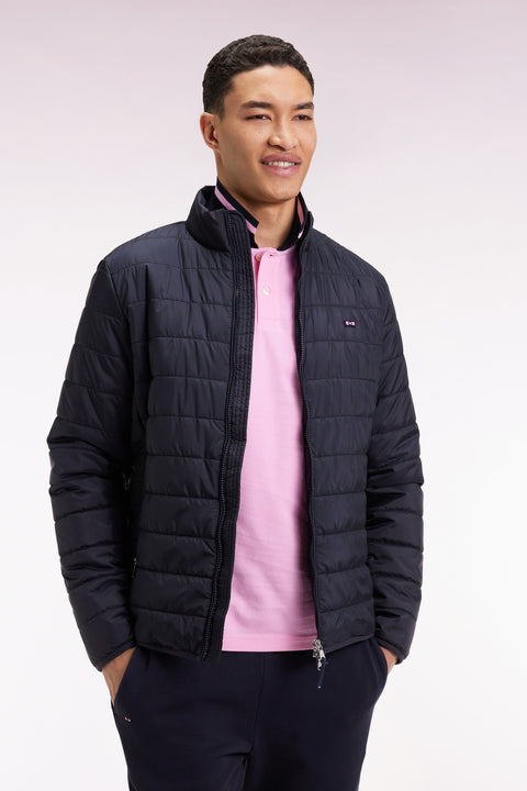 Navy quilted nylon down jacket with stand-up collar - Image 3
