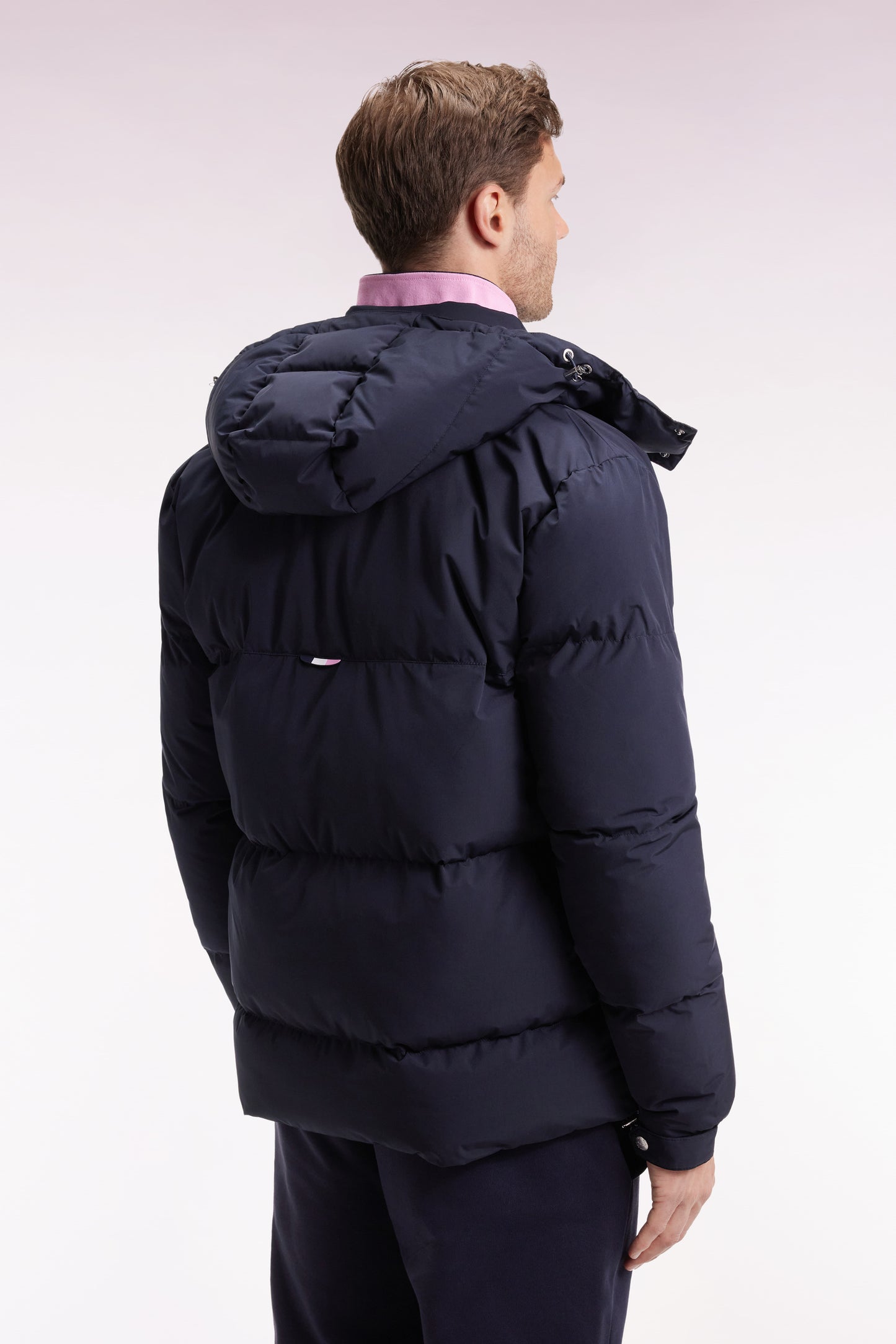 Navy quilted nylon down jacket with removable hood
