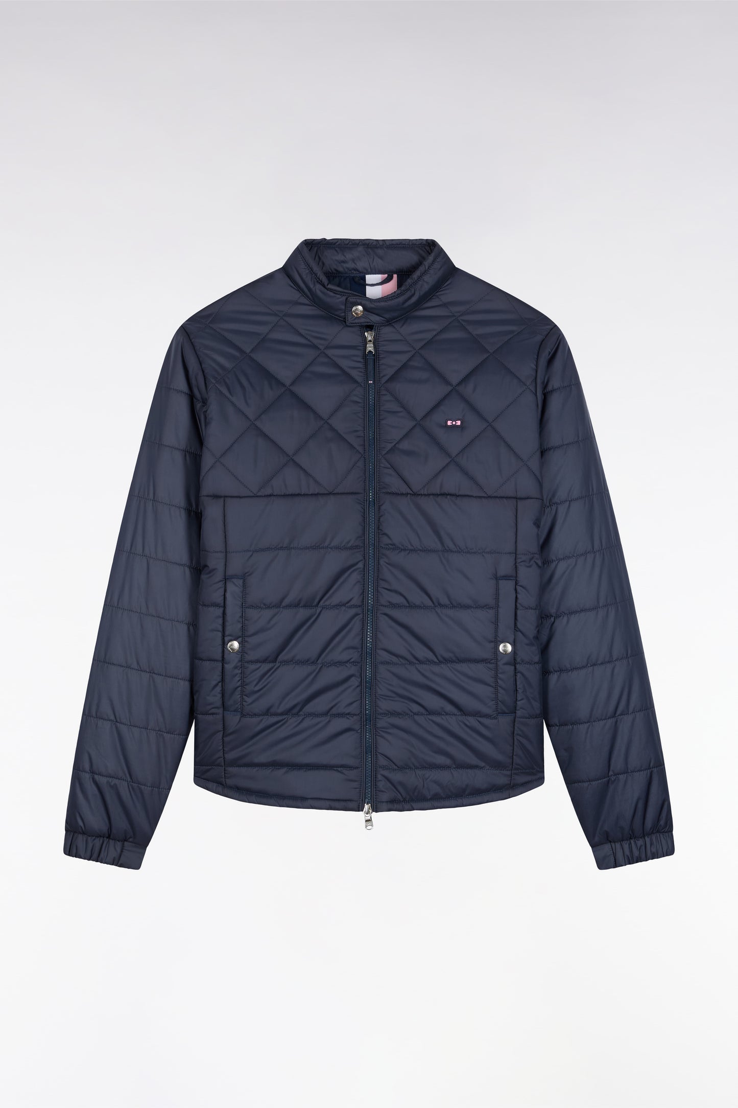 Beige quilted nylon jacket with biker collar