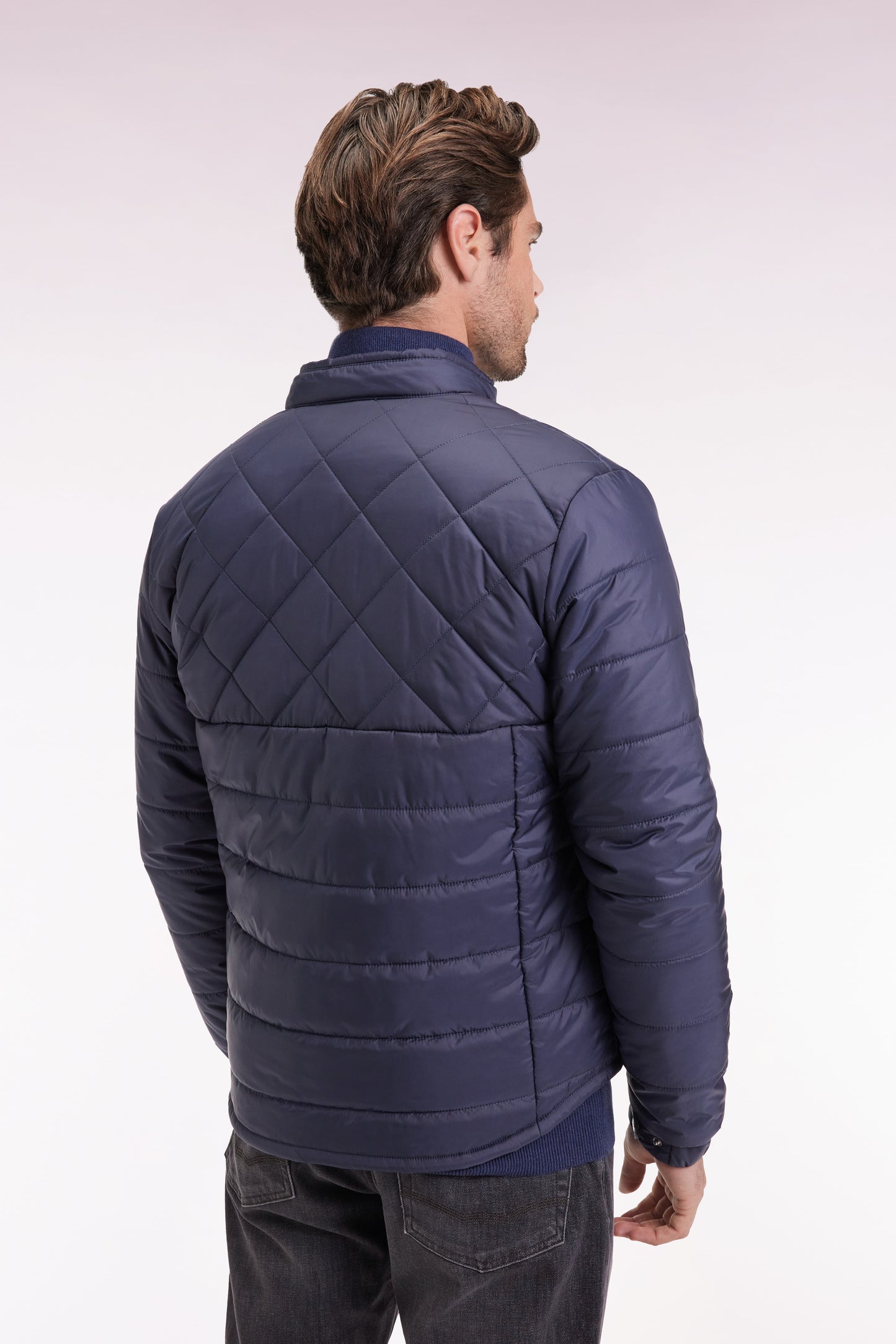 Beige quilted nylon jacket with biker collar