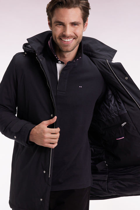 Long black nylon raincoat with removable hood - Image 3