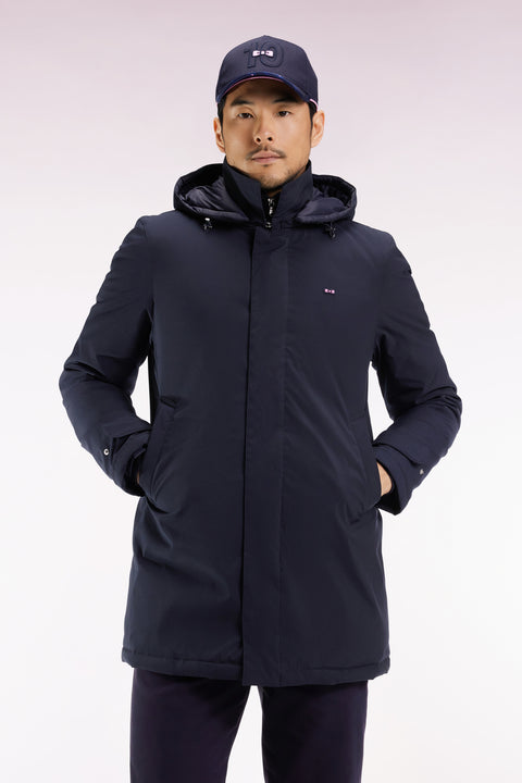 Long navy nylon raincoat with removable hood - Image 1