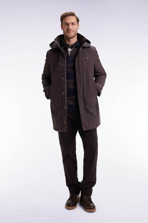 Long brown nylon raincoat with removable hood - Image 1