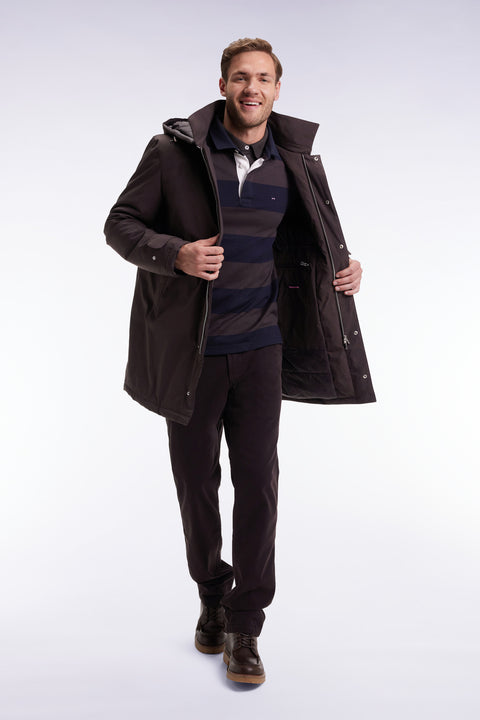 Long brown nylon raincoat with removable hood - Image 1