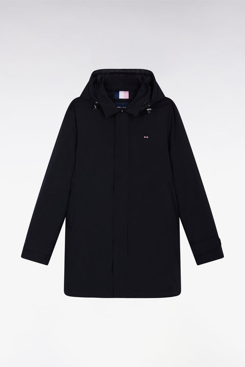 Long black nylon raincoat with removable hood - Image 2