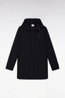 Long black nylon raincoat with removable hood