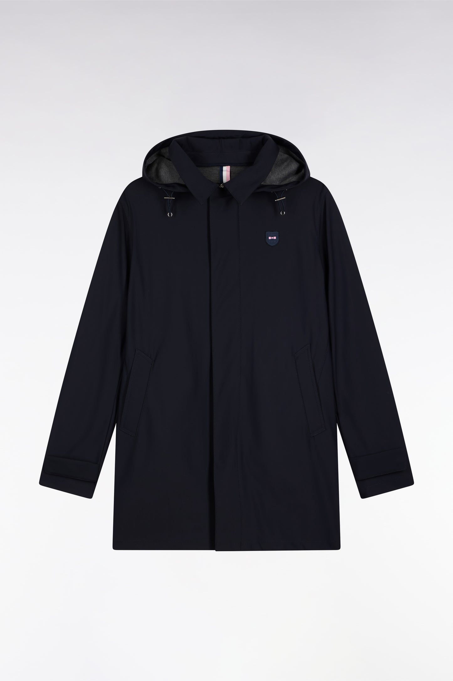 Long raincoat in navy double-faced jersey with removable hood