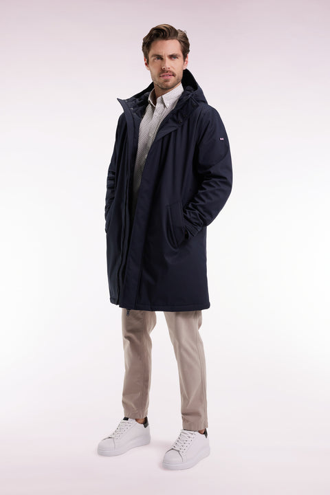 Long navy nylon parka with integrated hood - Image 3