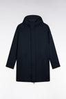 Long navy nylon parka with integrated hood